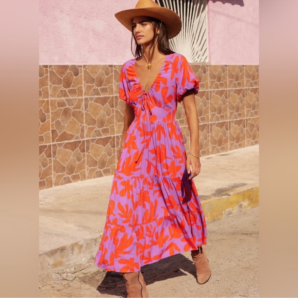 Mister Zimi Autumn Indigo Maxi Dress in Maple Size 2 V Neck Floral Purple Orange